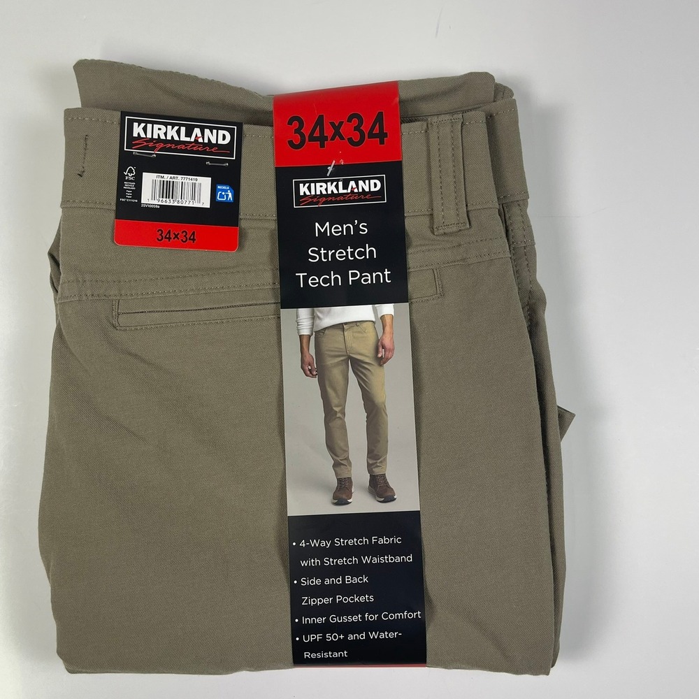 Kirkland Signature Mens Stretch Tech Pant 34x34 Tan Khaki Water Resistant Pant
